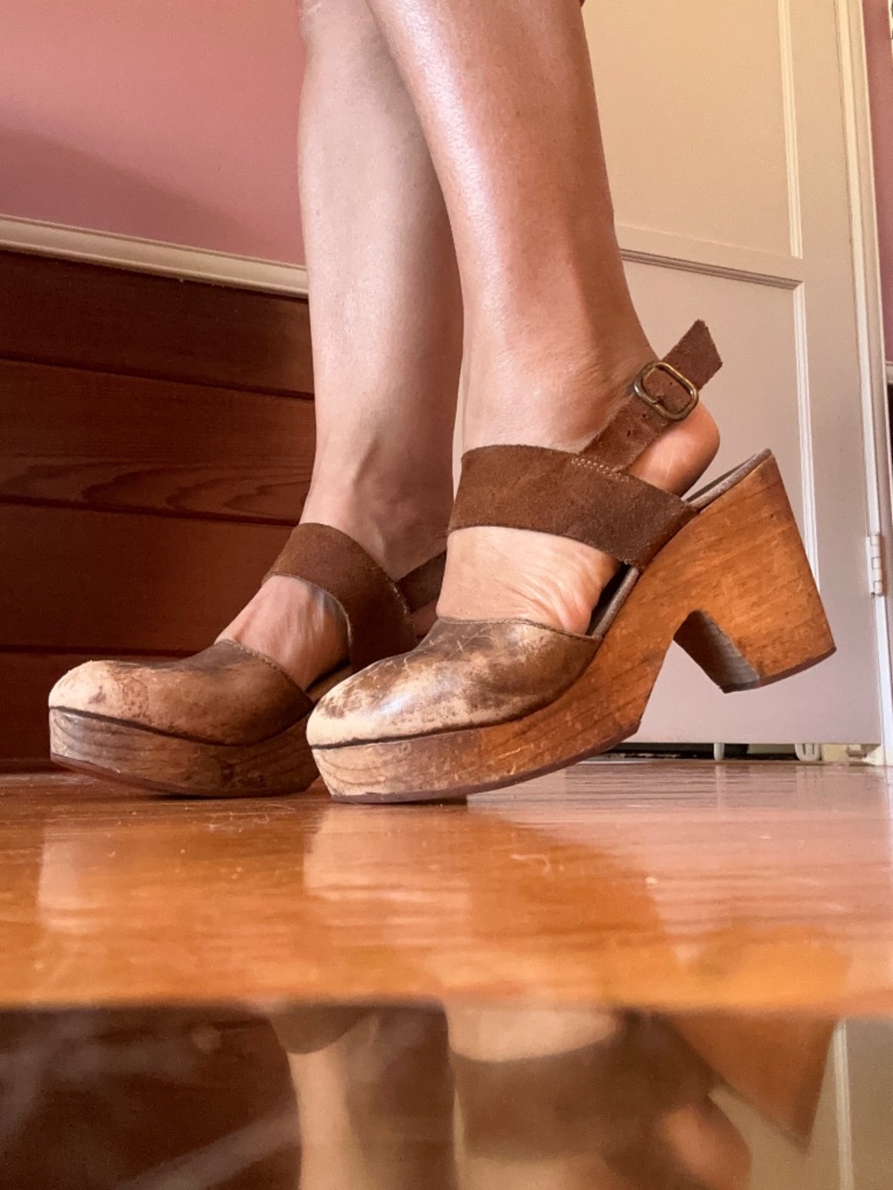 Free People Brown Wooden Platform Clogs